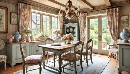 Fototapeta premium French country dining area with soft pastel colors, floral patterns, and rustic wooden furniture. Include a vintage chandelier and French doors opening to a garden. Generative AI