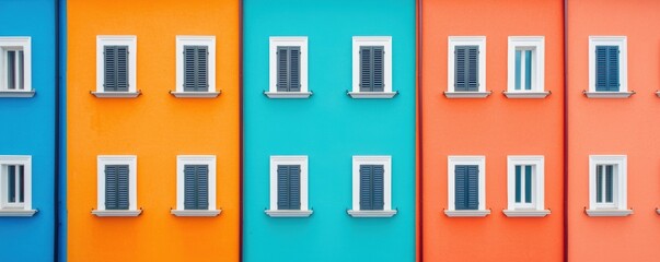 Naklejka premium Row of windows on vibrant blue, orange, and red building facades. Colorful urban architecture background.