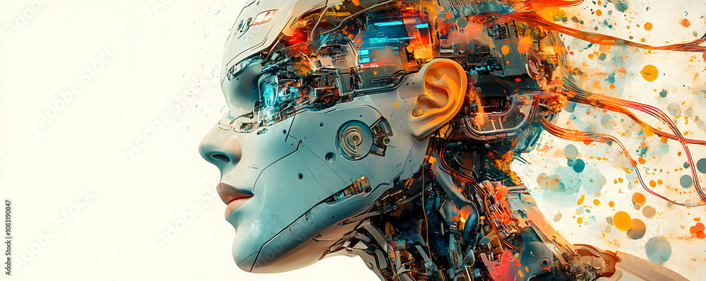 Poster a 3d render of a metallic cyborg head with exposed circuitry and an abstract watercolor background.