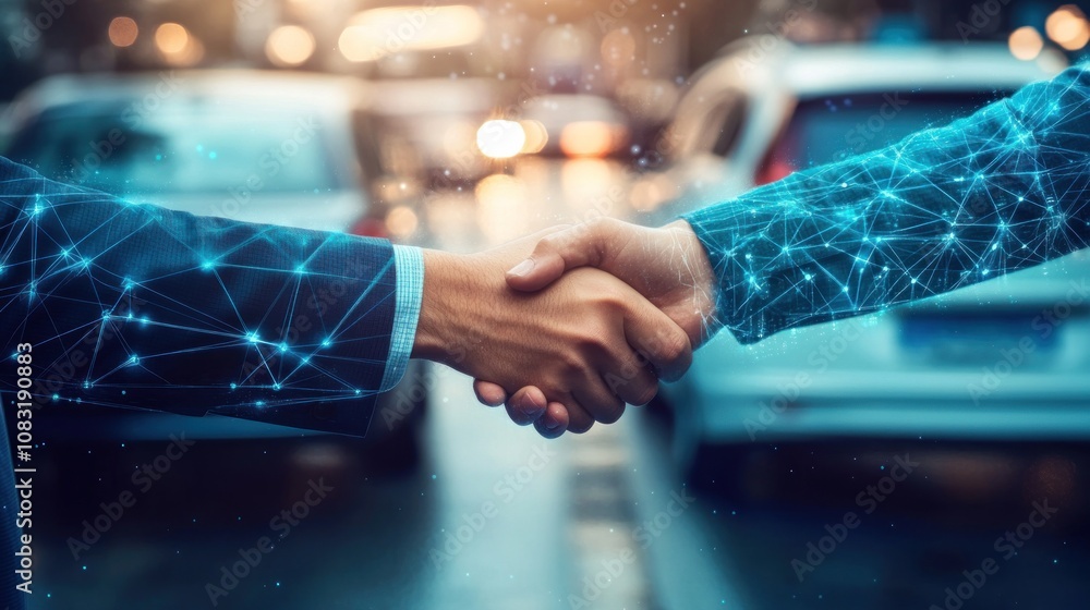 Poster A digital handshake symbolizes partnership and collaboration in a tech-driven environment.