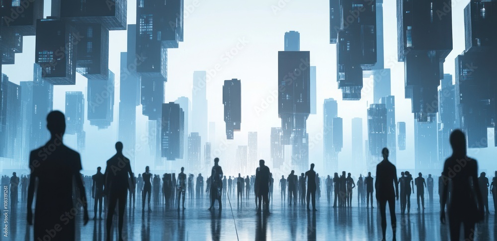 Aufkleber silhouetted figures stand in a futuristic cityscape with floating structures.