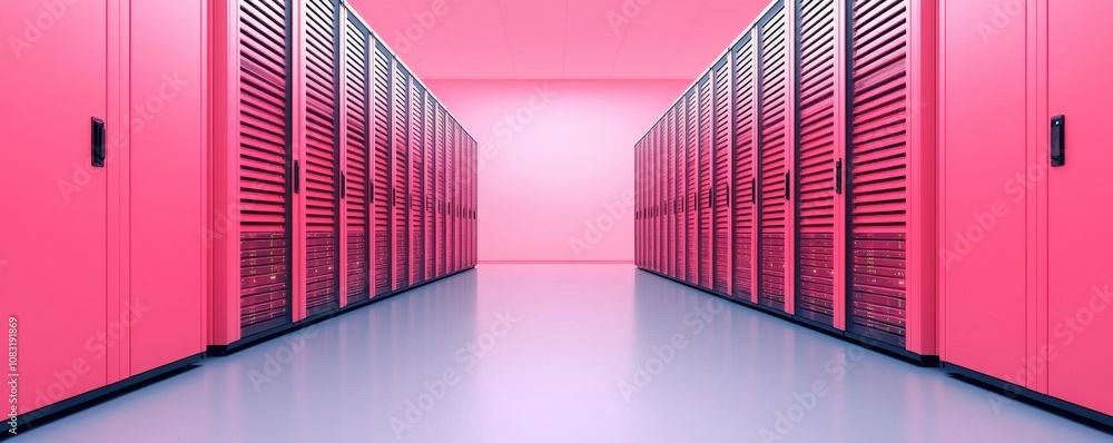 Poster symmetrical view of a data center with bright pink server racks. modern server room interior for dat