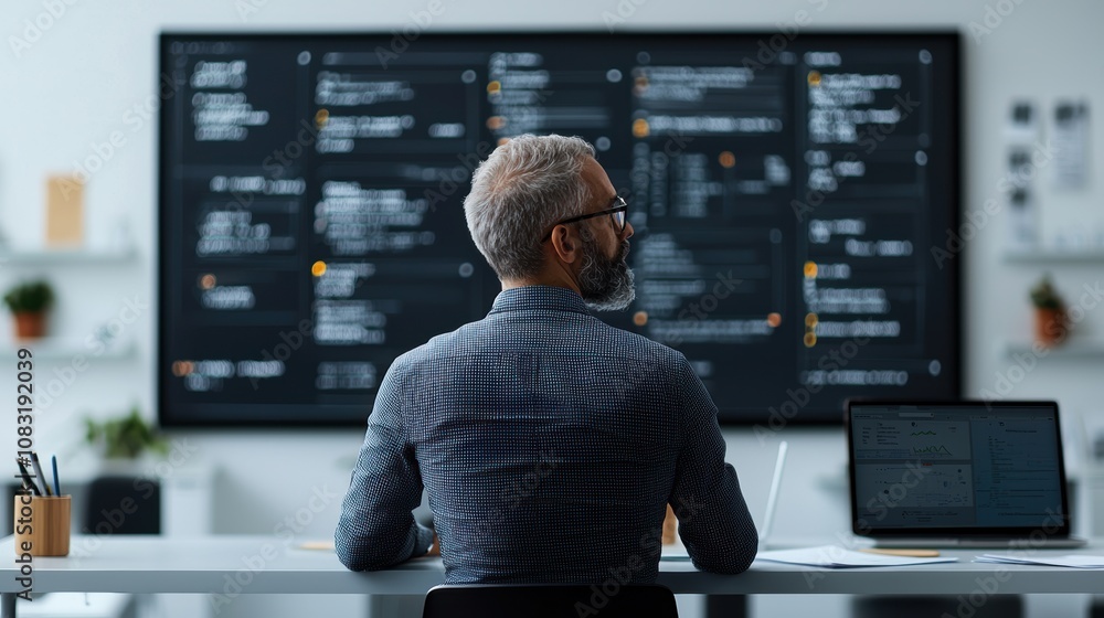 Aufkleber data analyst reviewing information on large monitors in a modern office setting. business intelligen