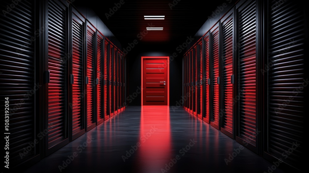 Aufkleber dark server room corridor with a red door at the end. data storage and security concept for it infra