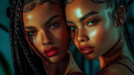 Obraz premium Women with braided, voluminous, and slicked-back hairdos, intense look, high-contrast lighting