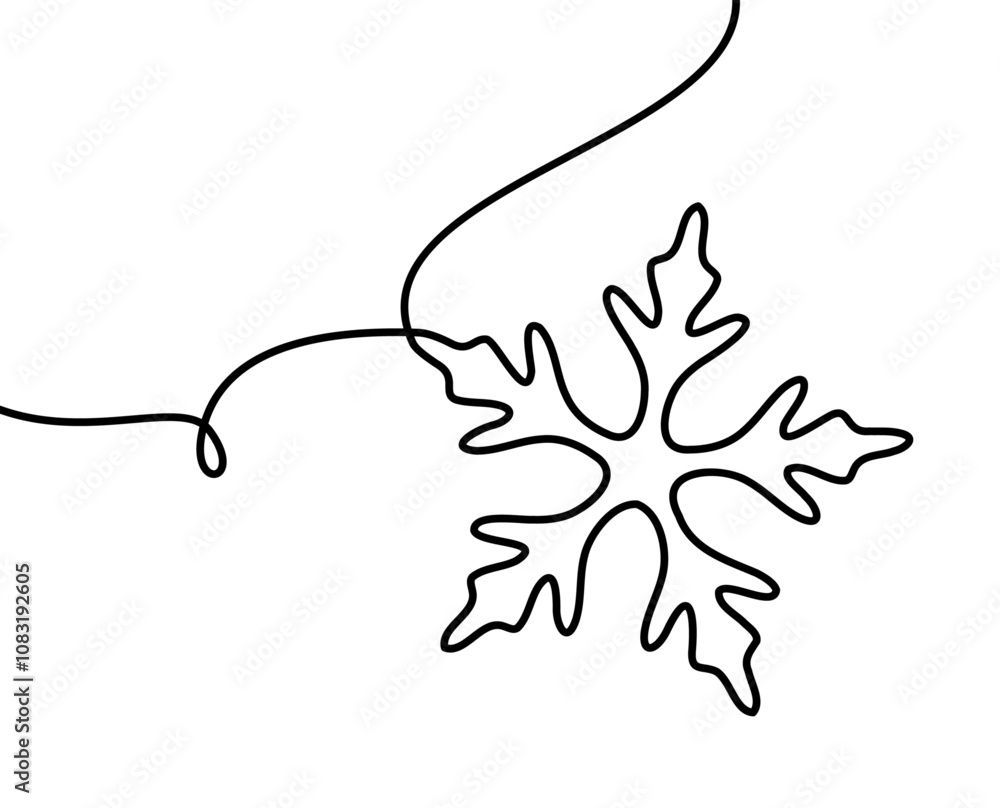 Poster minimalist snowflake in black line art with flowing string design, ideal for winter themes. vector i