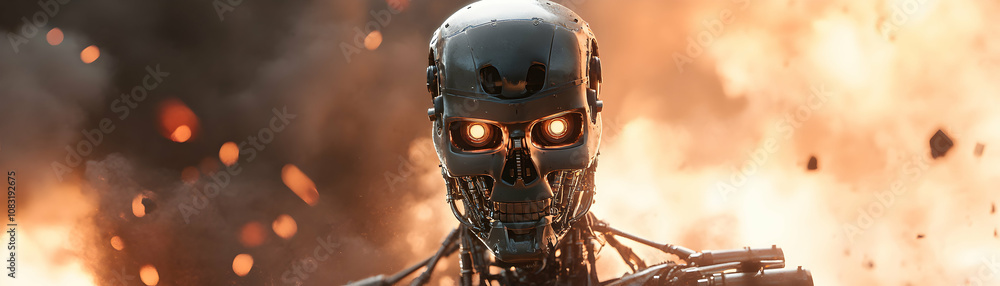 Poster a realistic 3d render of a robot skull with glowing eyes in a fire background