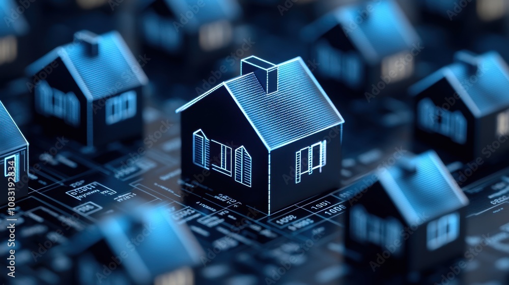Poster digital house model on a circuit board with glowing lines