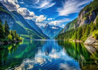 Serene Princess Louisa Inlet showcases majestic mountains surrounding calm blue waters, forming a breathtaking scene that captivates with its natural beauty and peaceful atmosphere.