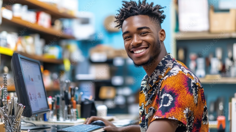 Poster a smiling young man working at a desk with a computer and various office supplies around him.