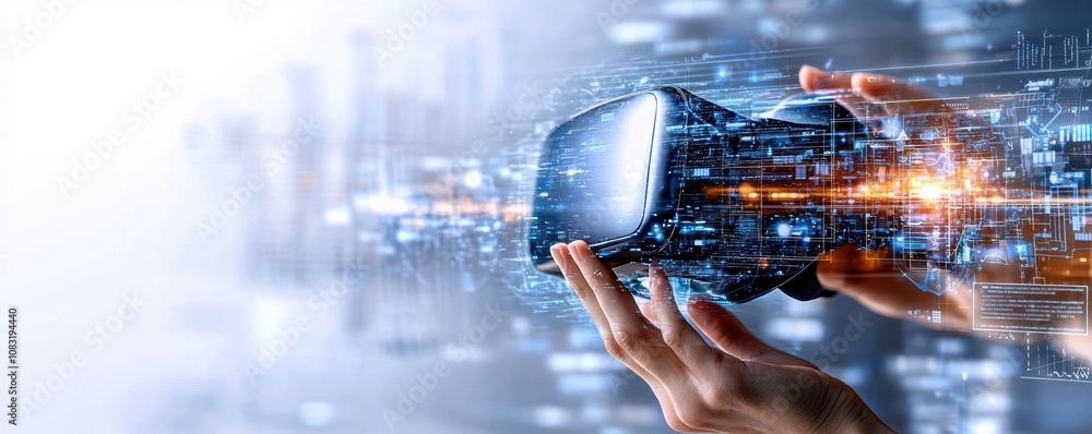 Aufkleber hands holding virtual reality headset with digital interface elements. futuristic technology and vir