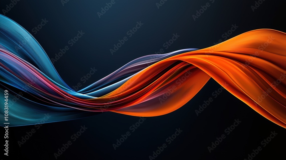 Poster abstract colorful flowing ribbons of fabric texture on dark background. 3d wave effect for design an