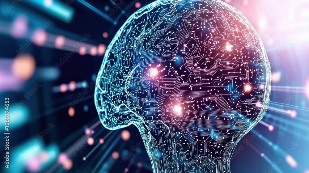 Poster a network diagram projected onto a human brain, representing neural networks, artificial intelligenc