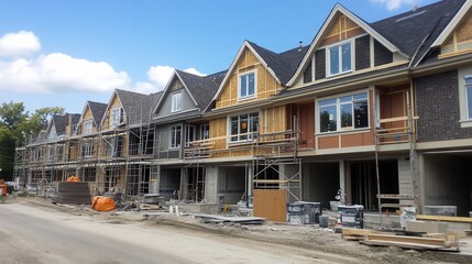 A row of new homes under construction, with scaffolding and unfinished siding.