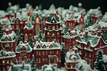Obraz premium Festive miniature village adorned with snow covered roofs and warm glowing windows creating a nostalgic and charming Christmas setting
