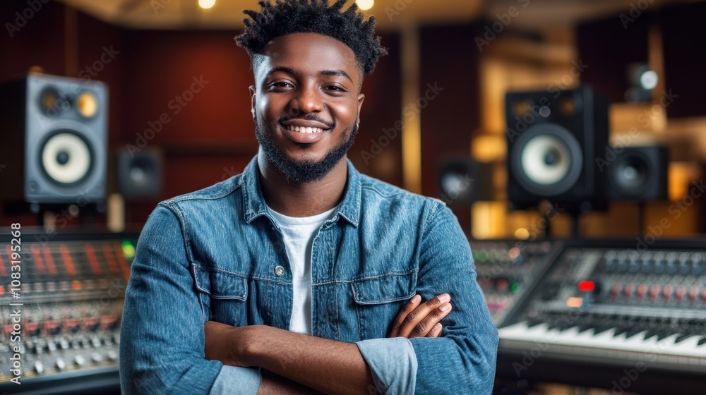 Poster a smiling man stands in a music studio, surrounded by audio equipment and instruments.