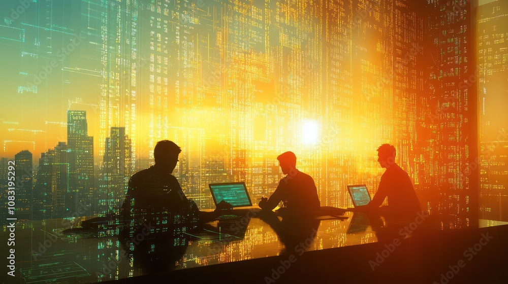 Poster silhouetted figures working on laptops against a sunset backdrop with digital overlay.