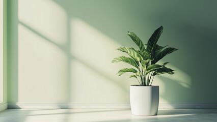 Obraz premium Photorealistic Green Plant in White Pot with Pastel Lime Backdrop