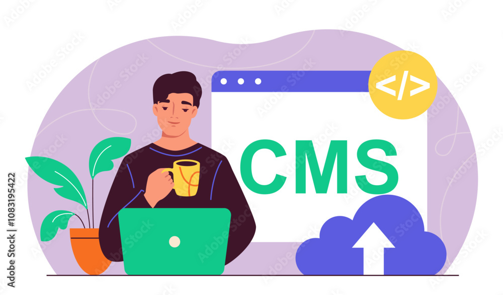 Poster man with cms. content management system. modification of digital content. user behavior analysis. cl