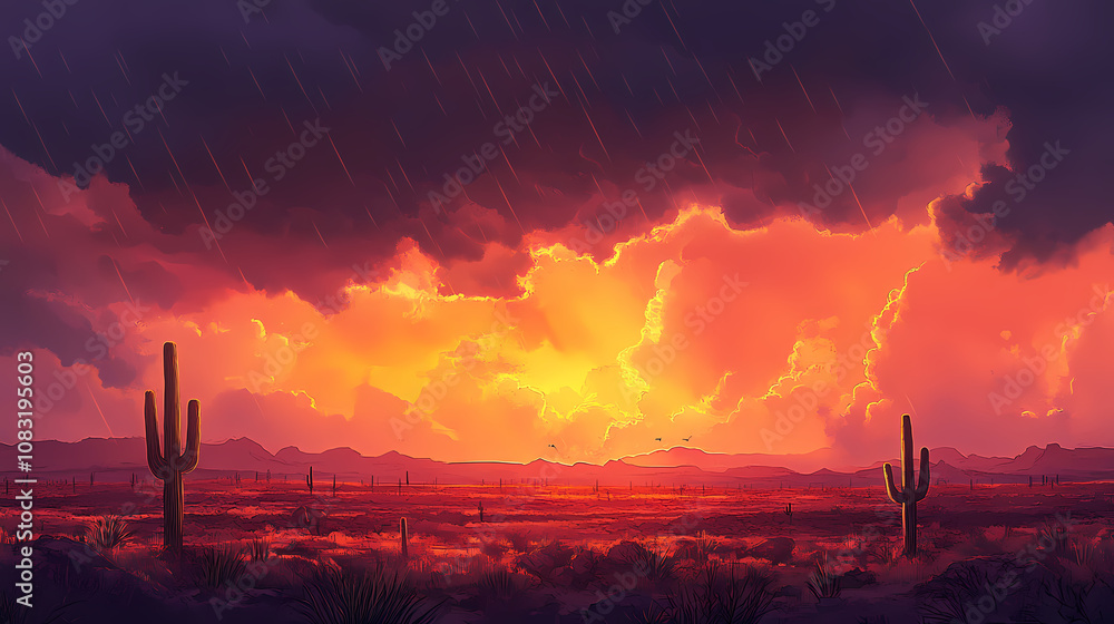 Wall mural sunset with monsoon storm clouds in the arizona desert depth of field. monsoon. illustration