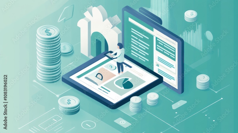 Poster digital finance illustration showing data analysis and financial growth concepts.