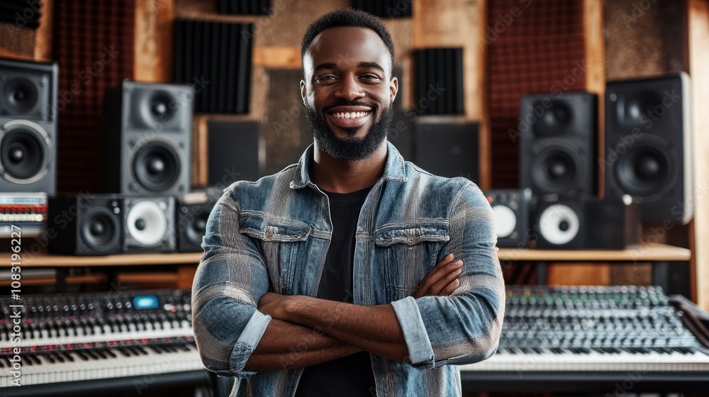 Poster a smiling man stands confidently in a music studio filled with audio equipment.