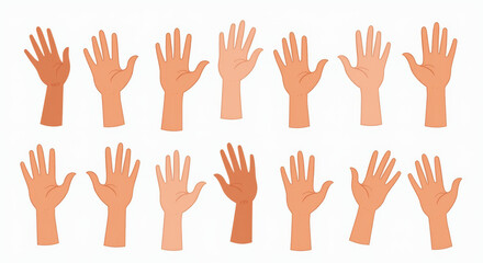 Fototapeta premium Diverse Hand Illustrations for Inclusivity and Design Projects, Set of Multi-Ethnic Raised Hands Collection