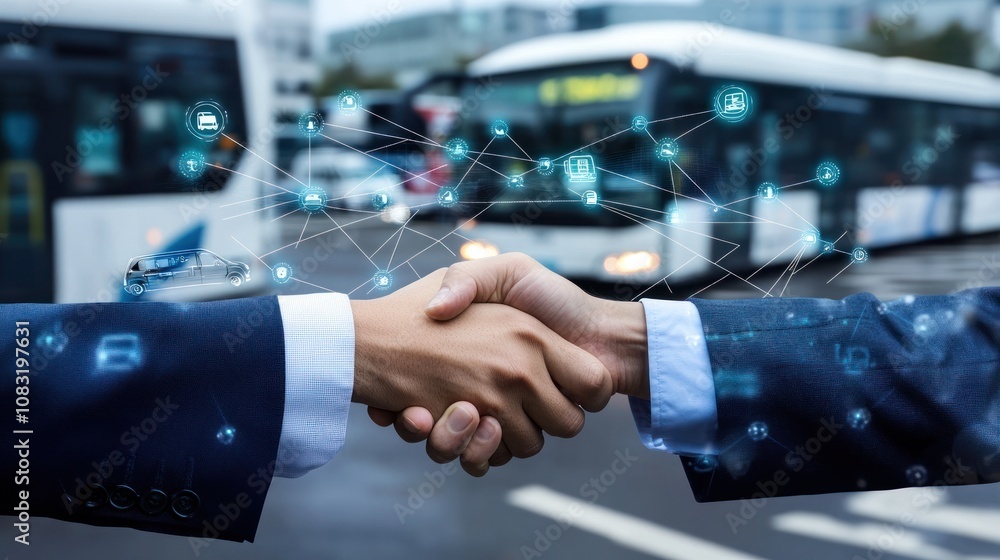Poster two hands shaking with digital icons, symbolizing business collaboration and technology.