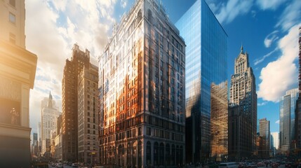 A sun-drenched cityscape with towering skyscrapers and bustling traffic.