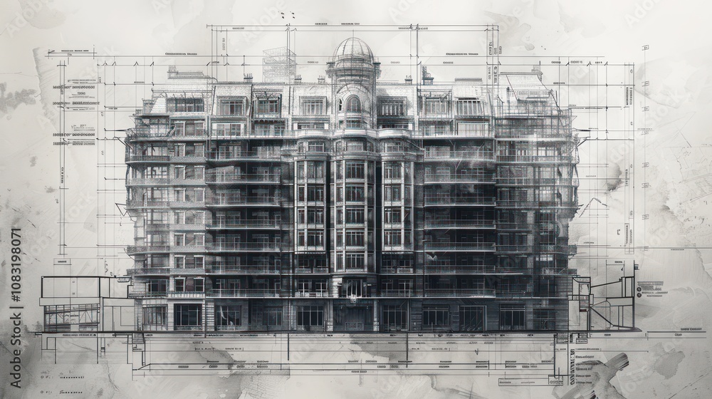 Poster a black and white image of a building with a blueprint overlay.