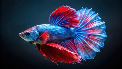 Fototapeta premium A striking betta fish with a vibrant red and blue tail fin, showcasing the intricate beauty of nature's artistry.