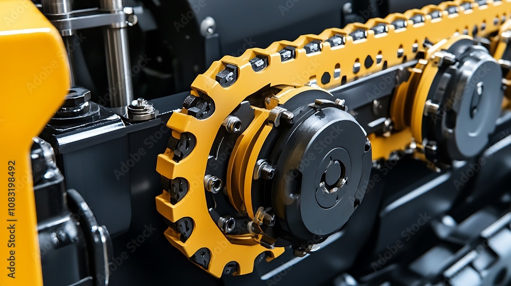 Poster close-up of a mechanical chain system used in heavy machinery for efficient power transmission.