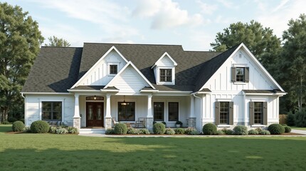 The house is a two-story, white, shingled, architectural house with a black roof, garage and porch.