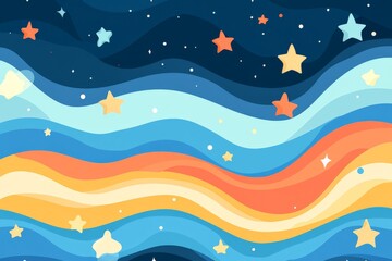 Whimsical holiday illustration featuring wavy starry lines in vibrant blues oranges and yellows blending festive creativity and playful seasonal charm