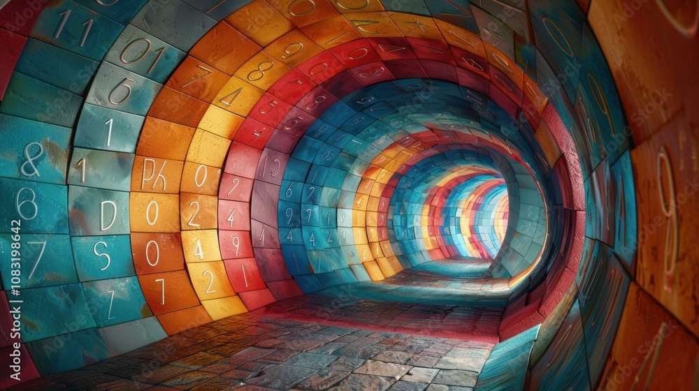 Poster colorful abstract tunnel with numbers and a light at the end.