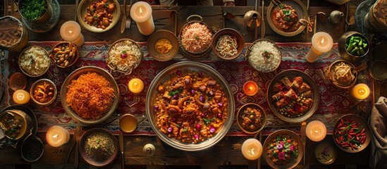 A lavish spread of traditional Indian food, set on a rustic wooden table with candles and ornate dishes.