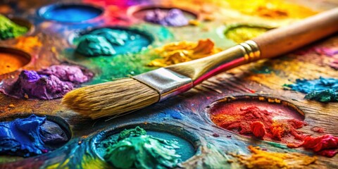 Obraz premium A well-loved paintbrush rests on a palette of vibrant colors, ready to bring creative visions to life.