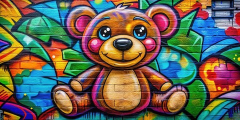 Fototapeta premium A whimsical teddy bear painted on a brick wall, a vibrant explosion of colors and playful shapes, a testament to the creative spirit of urban art.