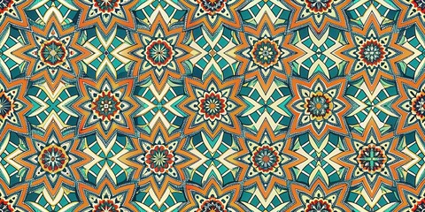 Obraz premium Intricate Geometric Pattern Featuring Star-Shaped Motifs in Vibrant Hues of Orange, Red, Blue, and Yellow