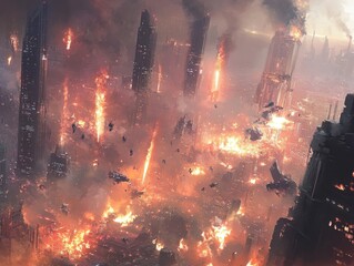 A futuristic city engulfed in flames and smoke, with flying ships battling in the air.