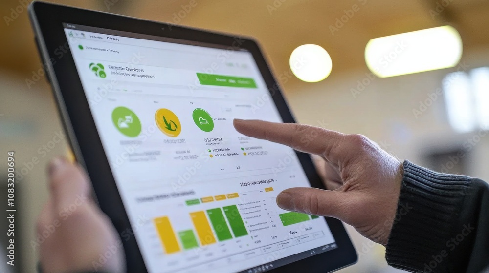 Poster data analysis on tablet with business graphs displayed