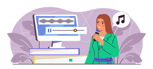 Fototapeta premium Woman record vocal. Young girl with microphone near computer. Singer recording song and melody. Hobby and leisure, creativity. Flat vector illustration