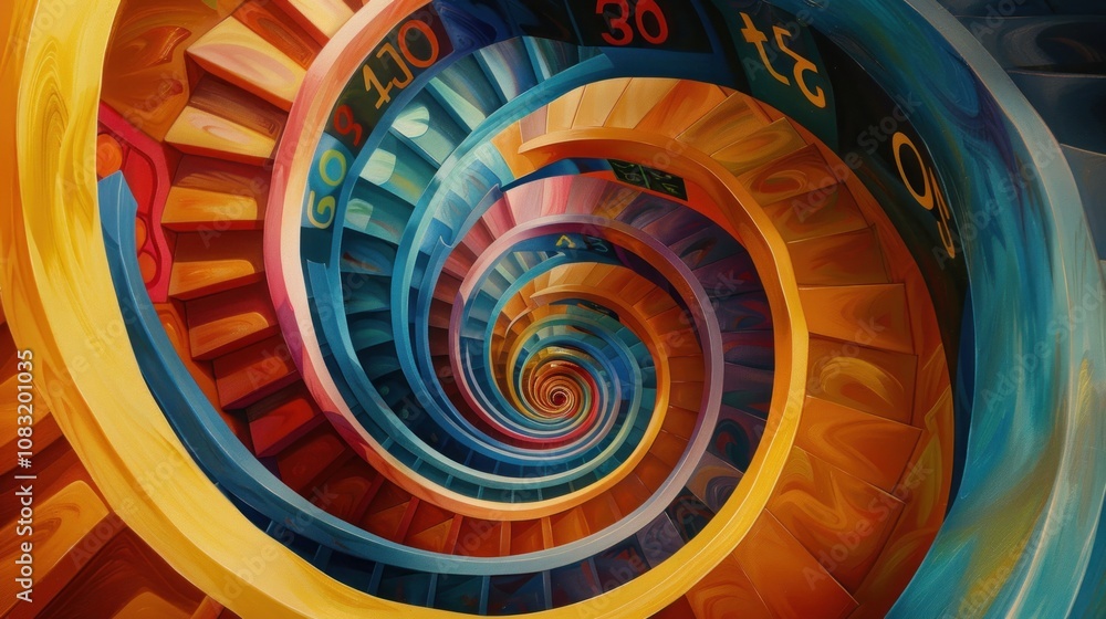 Poster a colorful spiral staircase with numbers painted on the steps, creating a dizzying effect.