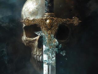 A shattered sword piercing through a skull, signifying death and destruction.