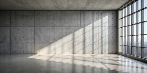Obraz premium Light streaming through a large window onto a concrete wall in a spacious room.