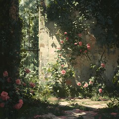 Obraz premium A Stone Path Leading Through a Lush Garden with Pink Roses