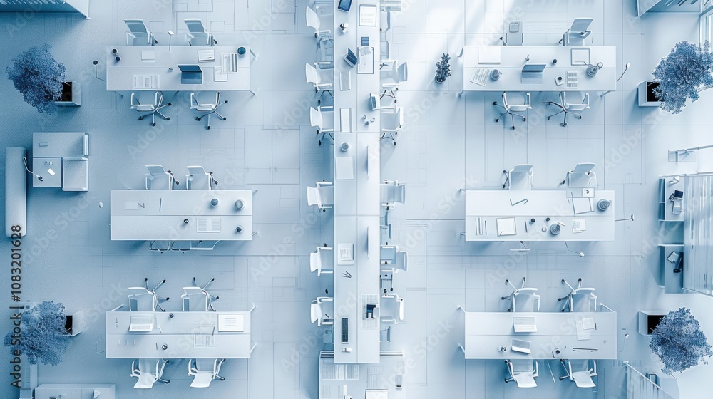 Poster an aerial view of a modern office space with rows of desks, chairs, and computers, with a minimalist