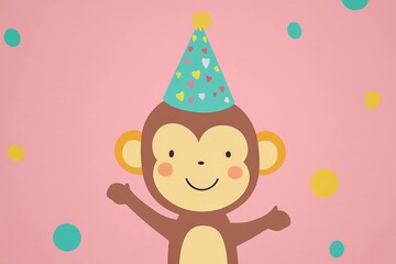 Obraz premium Cartoon monkey celebrating on a pink polka dotted background with arms raised in excitement perfect for lively party themes and childrens decor
