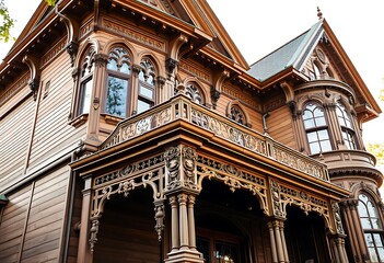 Obraz premium A majestic Victorian mansion with intricately carved woodwork and ornate trim, bathed in soft, diffused sunlight, its architectural elegance and historical charm captured in exquisite detail.