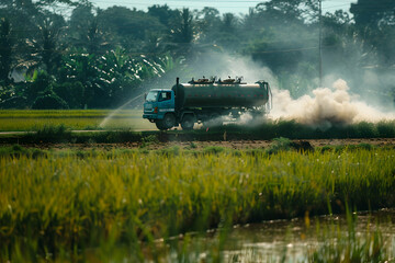 A truck sprays water in a lush green rice field, creating a misty atmosphere.